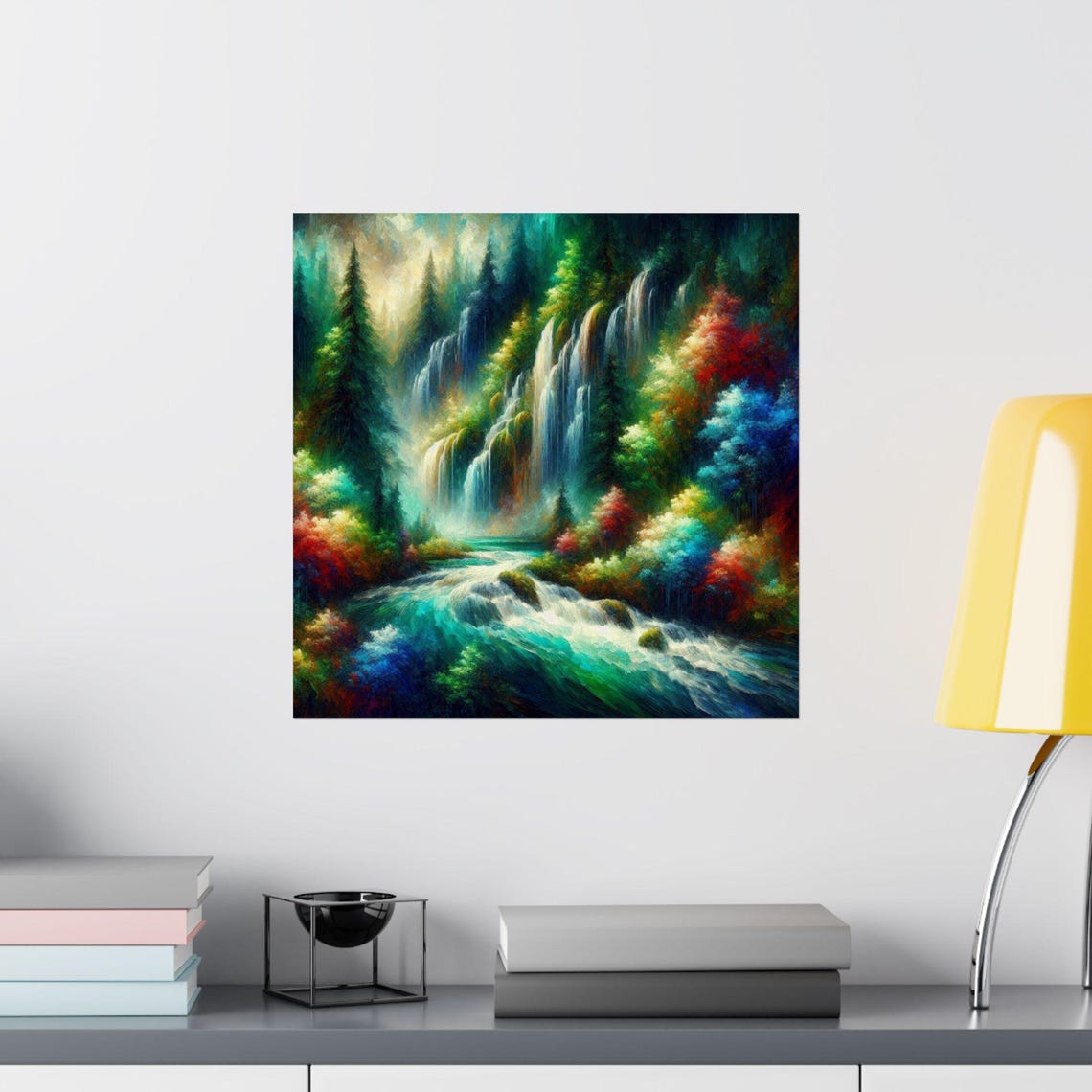 Vibrant Forest Waterfall with Turquoise Rapids Fantasy Art Poster - Image 2
