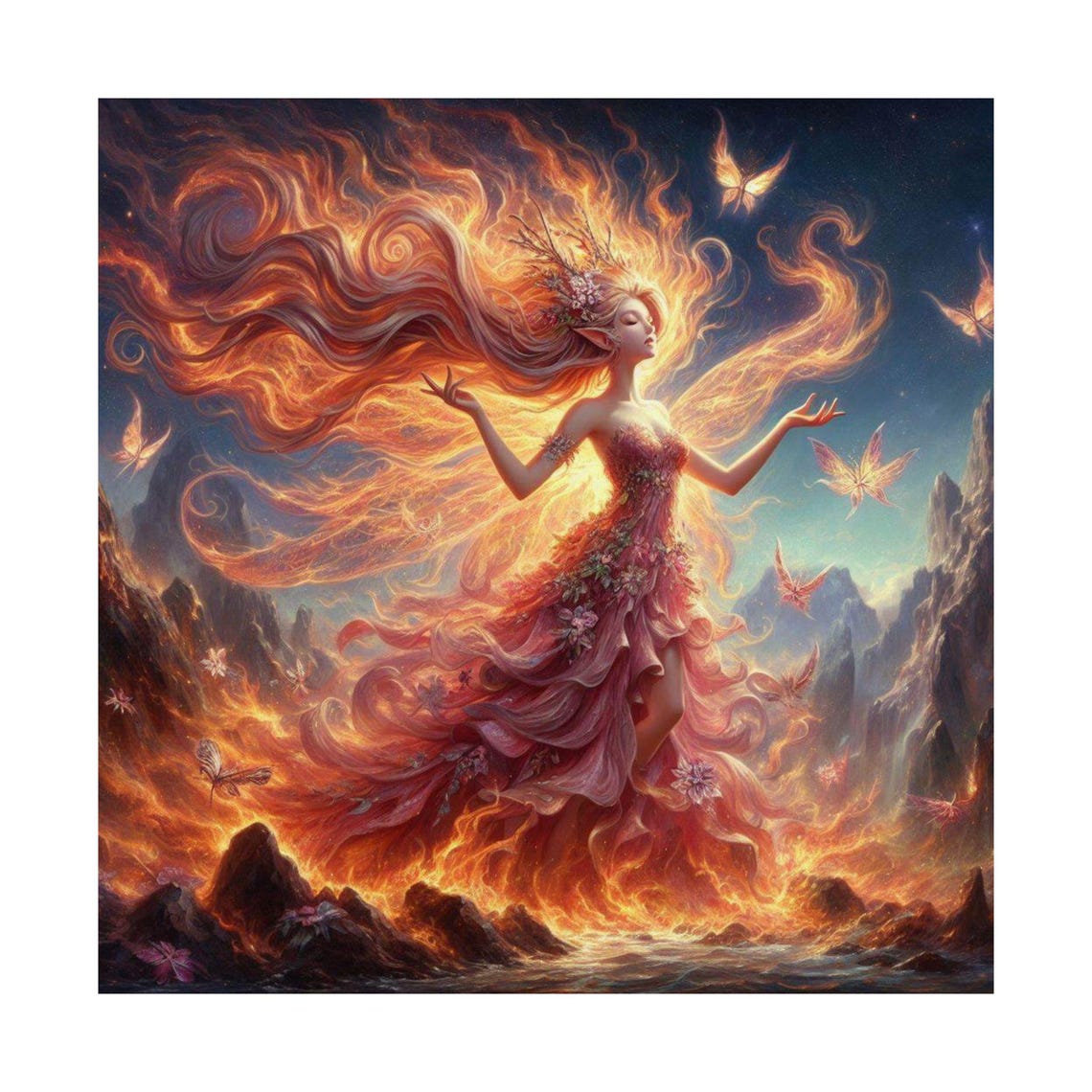 Fire Fairy Dancing amid Swirling Flames Dramatic Fantasy Art Poster - Image 7