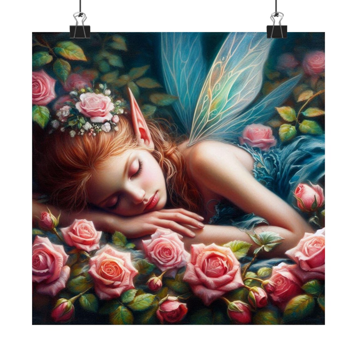 Sleeping Fairy with Blue Wings among Pink Roses Fantasy Art Poster