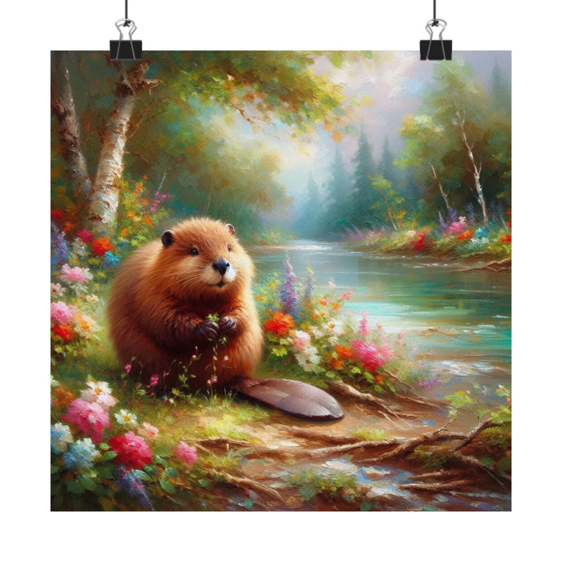 Cute Chubby Beaver Sitting by Forest River Wildflower Art Poster