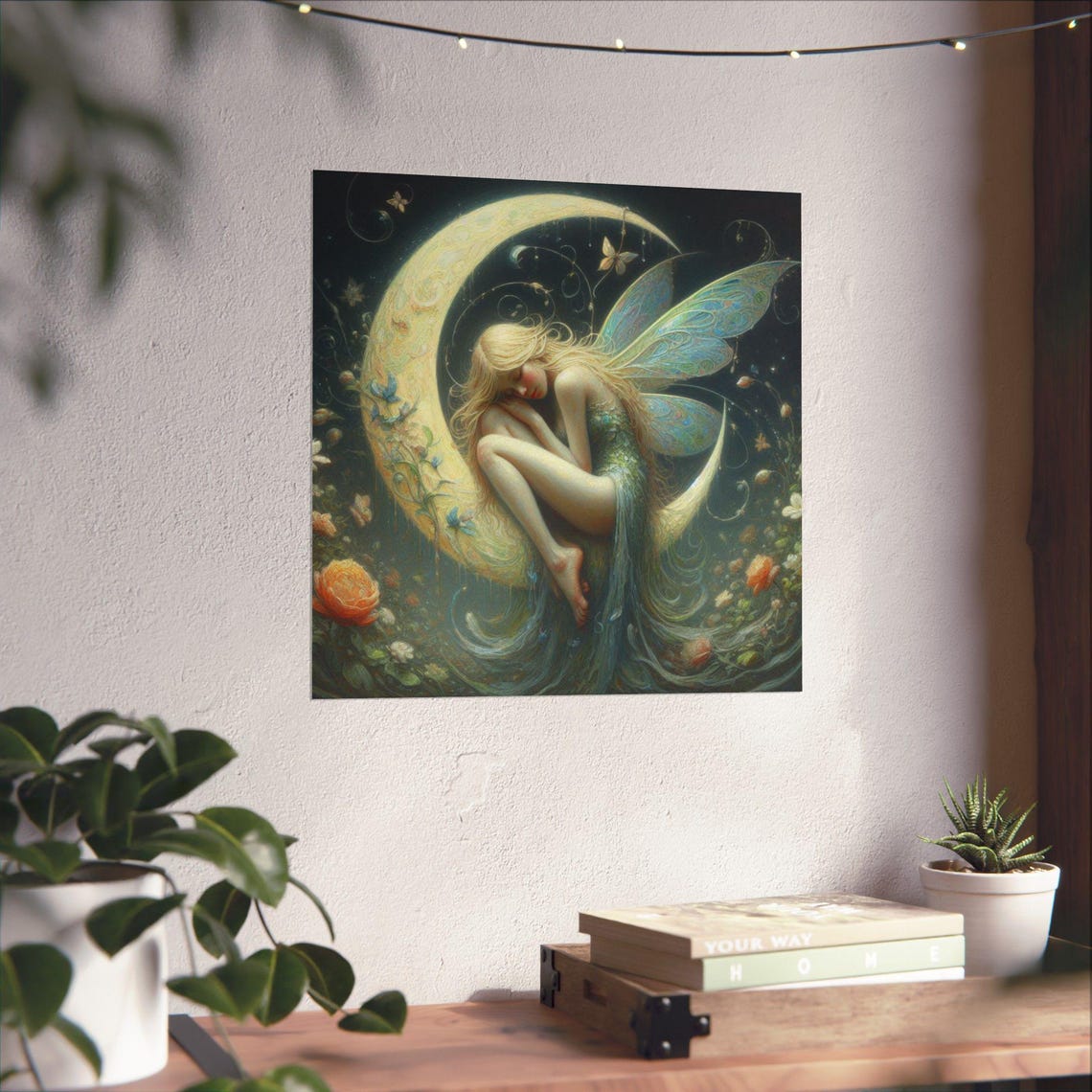 Fairy Sleeping Curled on Crescent Moon Night Sky Fantasy Art Poster - Image 4