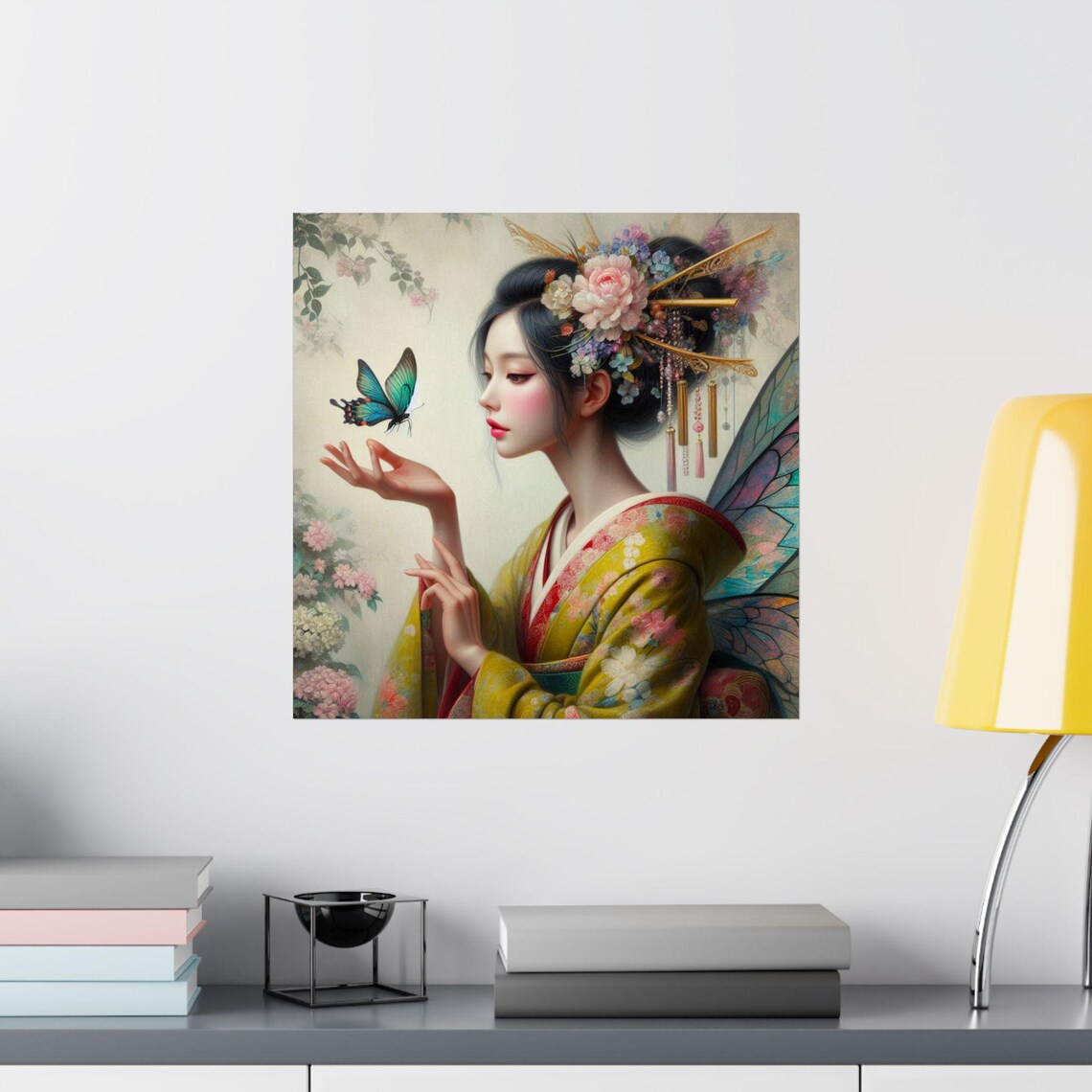 Elegant Geisha with Butterfly in Golden Kimono Japanese Art Poster - Image 2