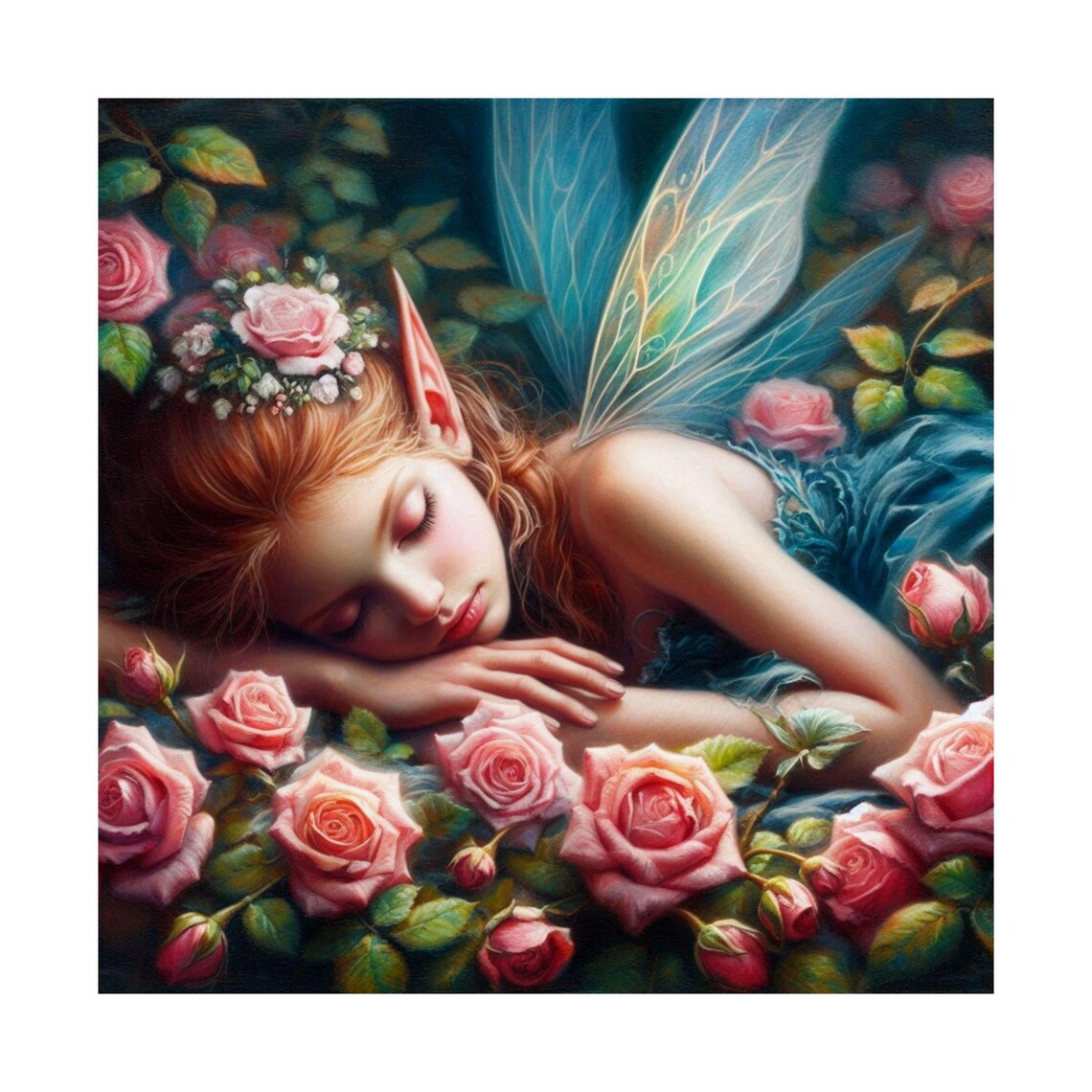 Sleeping Fairy with Blue Wings among Pink Roses Fantasy Art Poster - Image 7