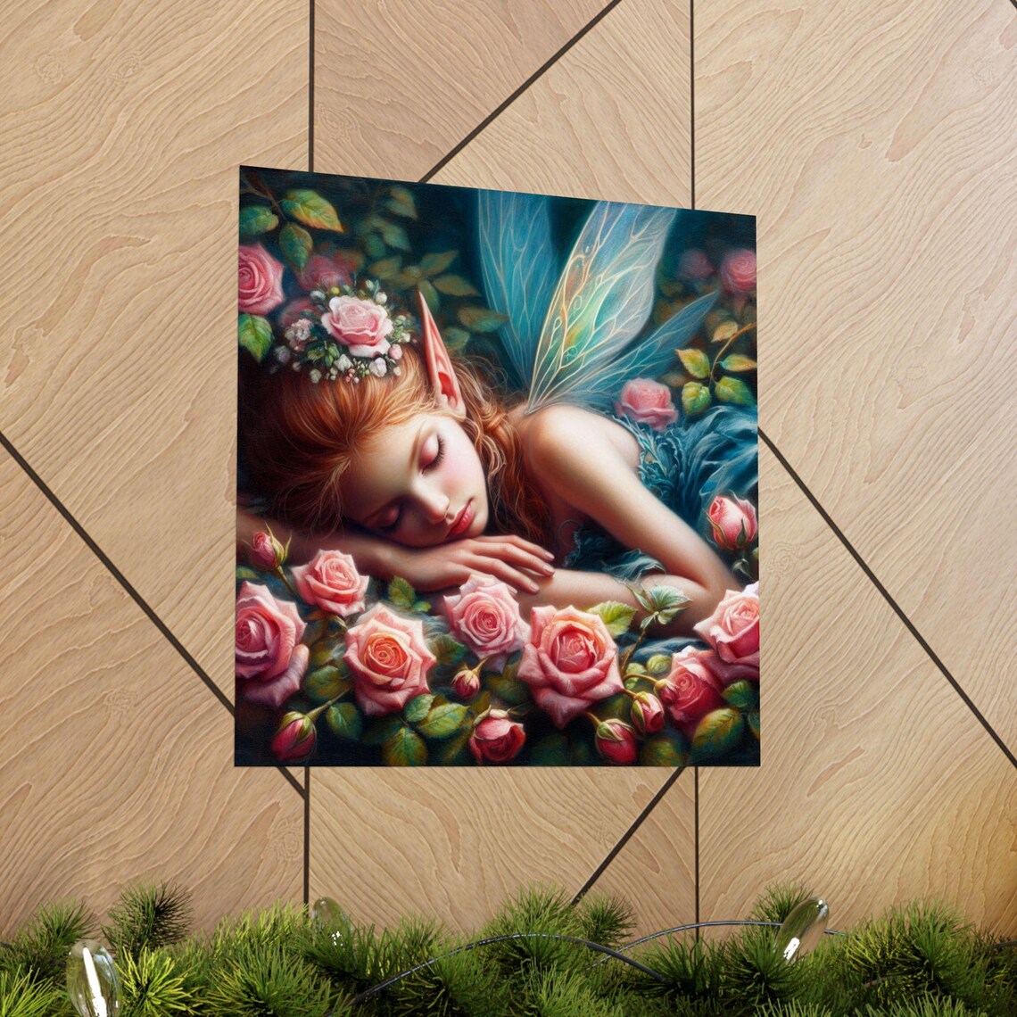 Sleeping Fairy with Blue Wings among Pink Roses Fantasy Art Poster - Image 5