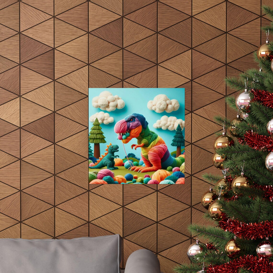 Colorful Yarn T Rex With Baby Dinosaur Fun Kids Room Art Poster - Image 6