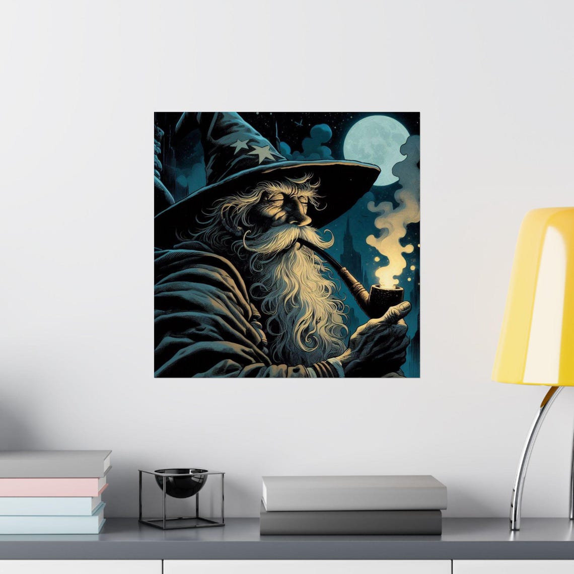 Wise Old Wizard Smoking a Pipe Under a Full Moon Night Poster - Image 2