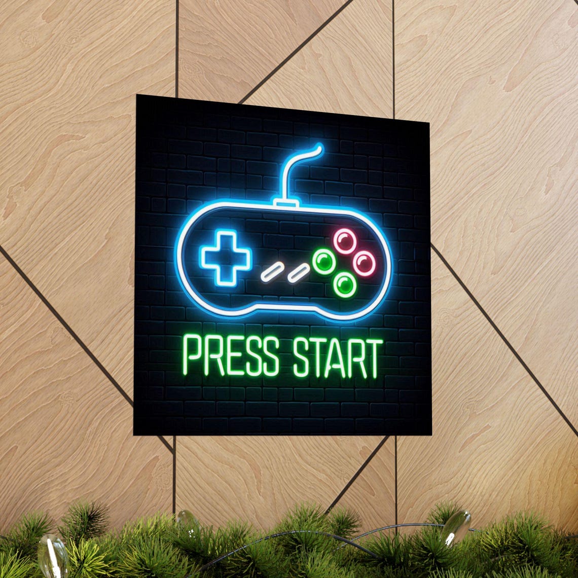 Glowing Neon Game Controller with Green Press Start Text Poster - Image 5