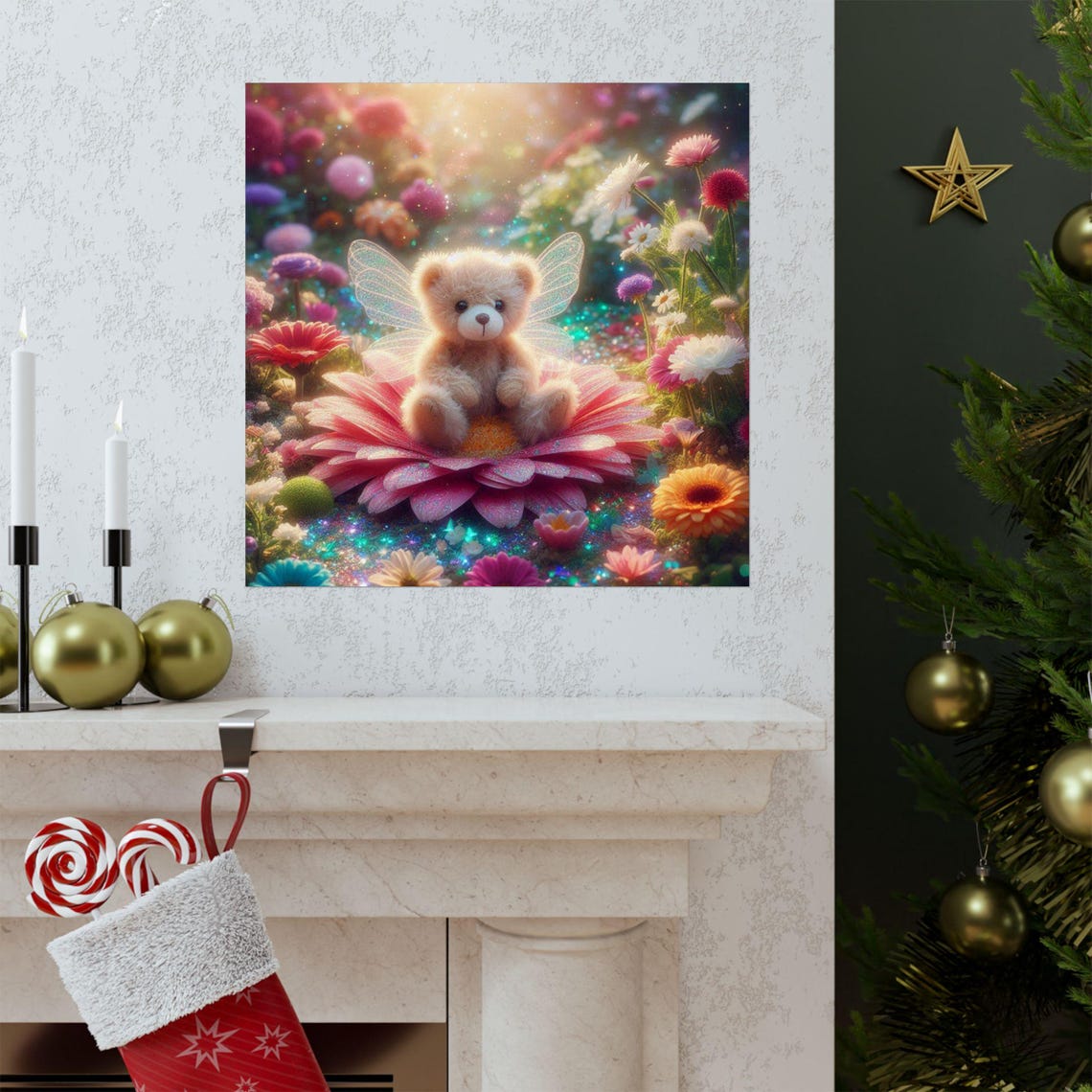 Cute Teddy Bear with Fairy Wings Sitting on a Pink Flower Poster - Image 3