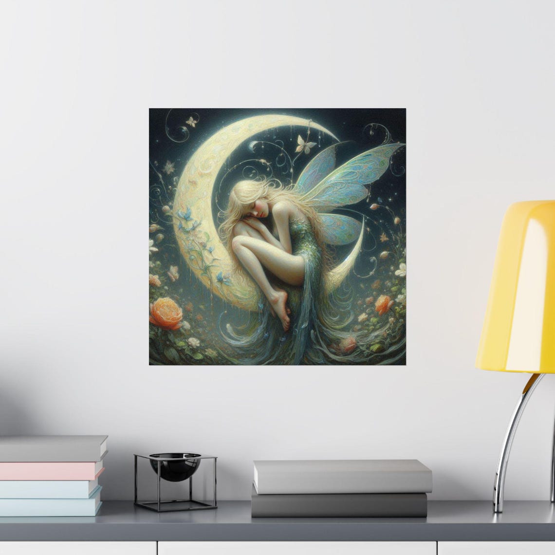 Fairy Sleeping Curled on Crescent Moon Night Sky Fantasy Art Poster - Image 2