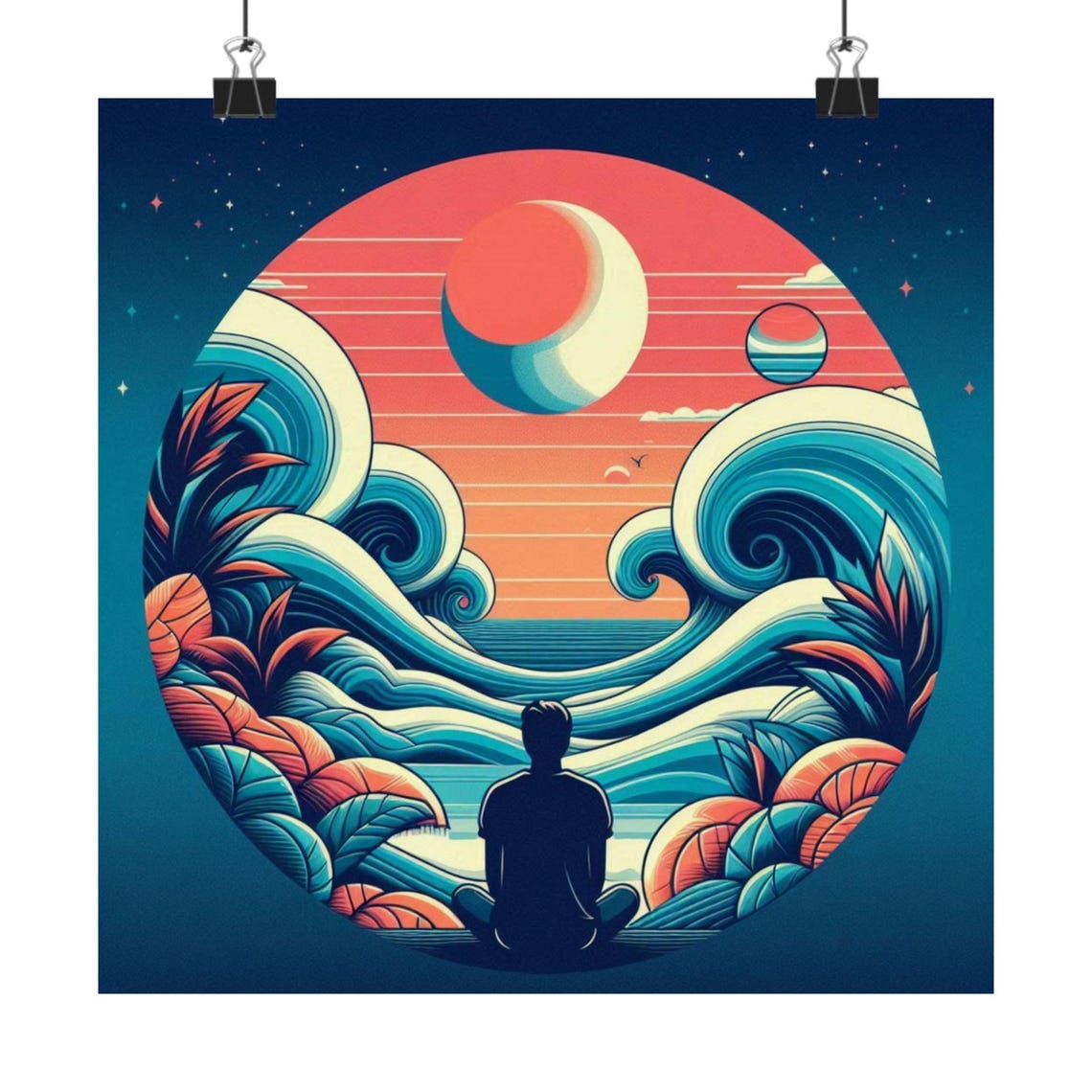 Lone Figure Meditating Before Ocean Waves Under a Moon Poster