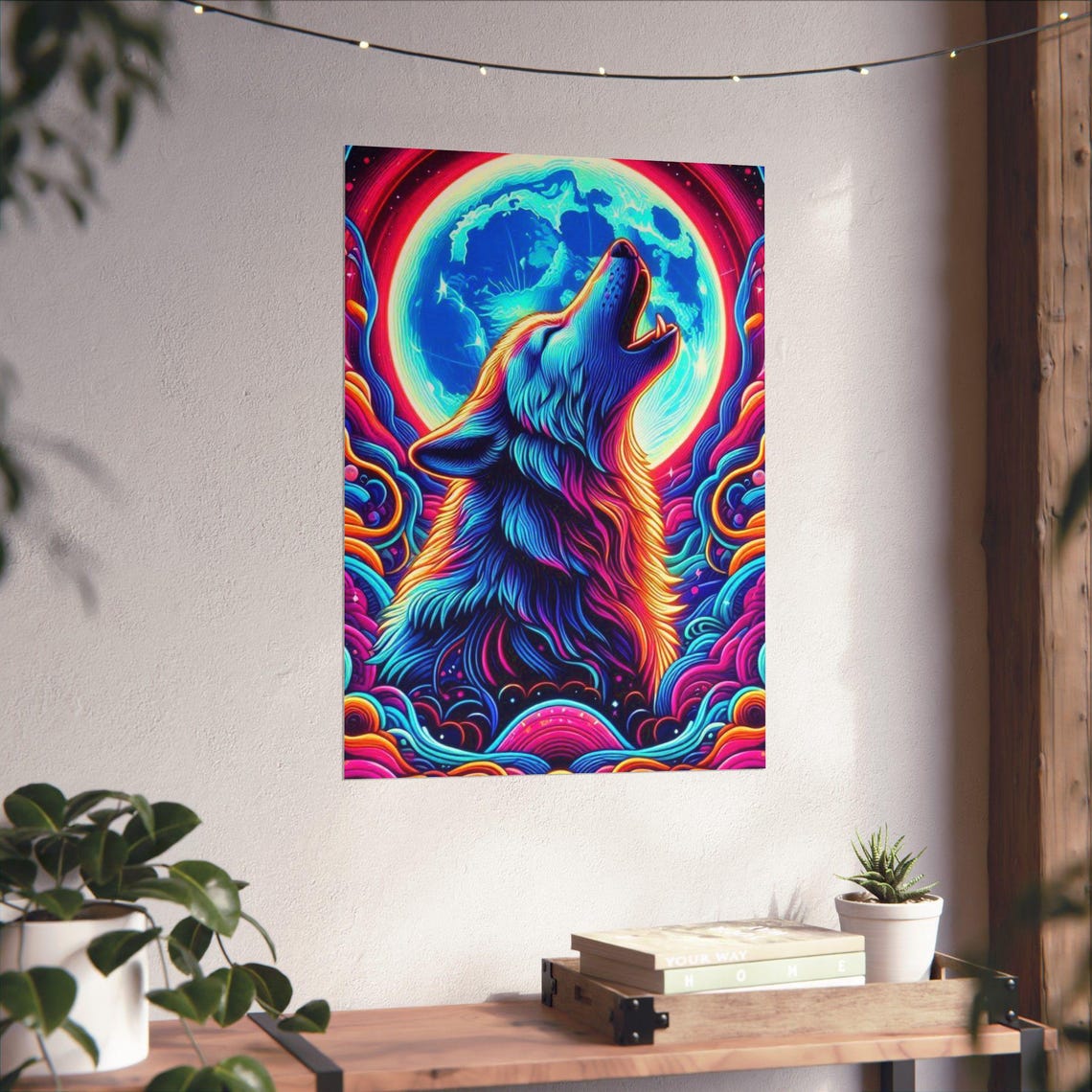 Psychedelic Howling Wolf Beneath a Glowing Full Moon Art Poster - Image 4