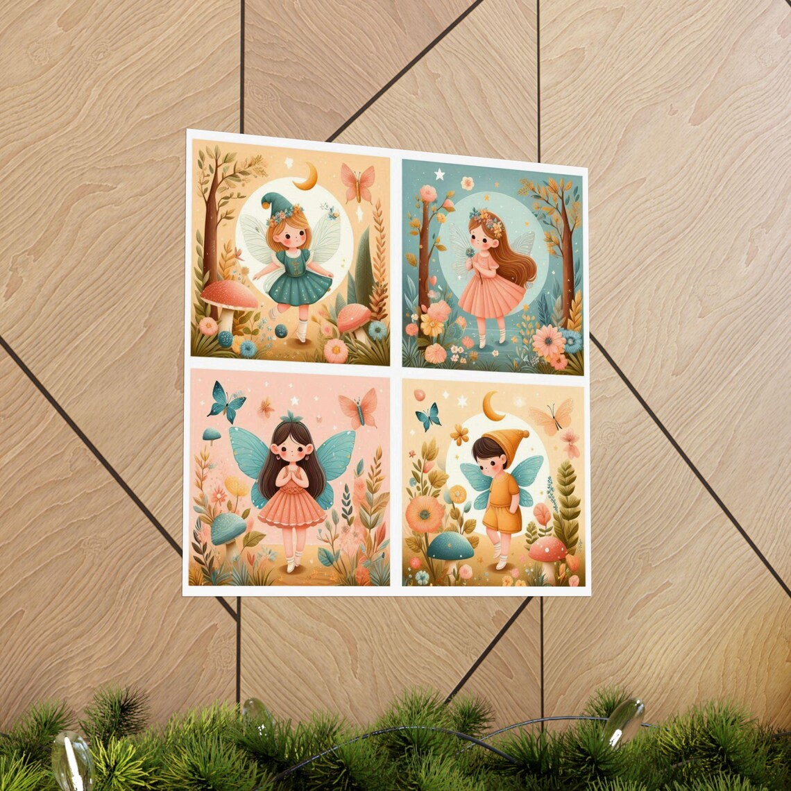 Four Cute Fairy Girls with Mushrooms and Butterflies Kids Poster