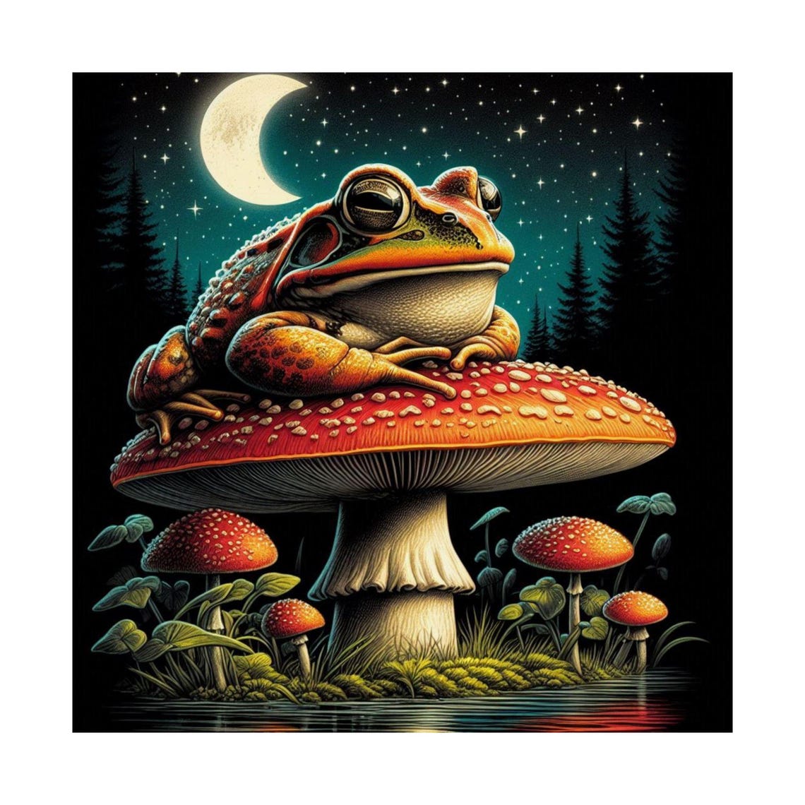 Plump Frog Lounging on a Giant Mushroom Under the Night Moon Poster - Image 7