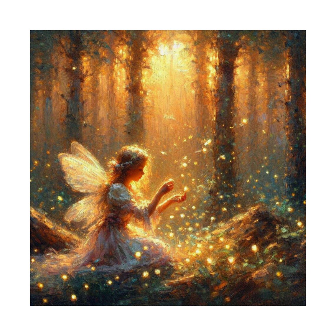 Fairy in Sunlit Forest Clearing with Fireflies Fantasy Art Poster - Image 7