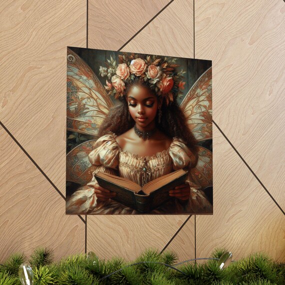 Whimsical Fairy Girl Reading a Book with a Rose Crown Poster