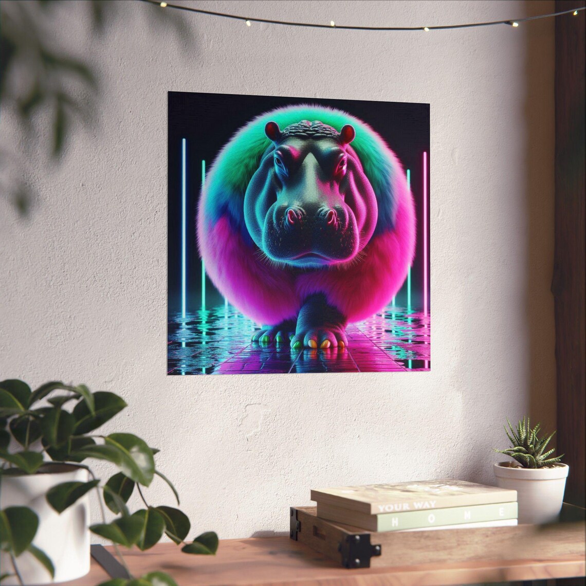 Neon Fluffy Hippo in Cyberpunk Street Style Funny Animal Art Poster - Image 4