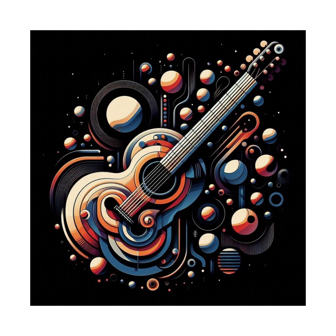 Abstract Acoustic Guitar with Planets Music Art Poster on Black - Image 7