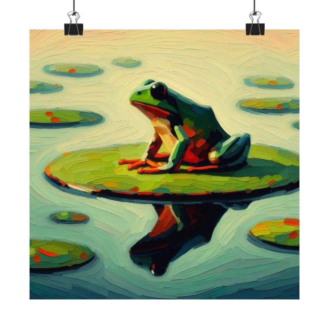 Serene Green Frog Resting on a Lily Pad in a Quiet Pond Poster - Image 7
