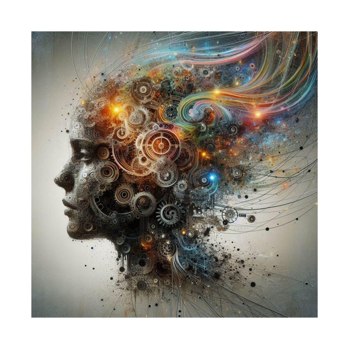 Surreal Steampunk Human Head Profile with Gears and Cogs Poster - Image 7