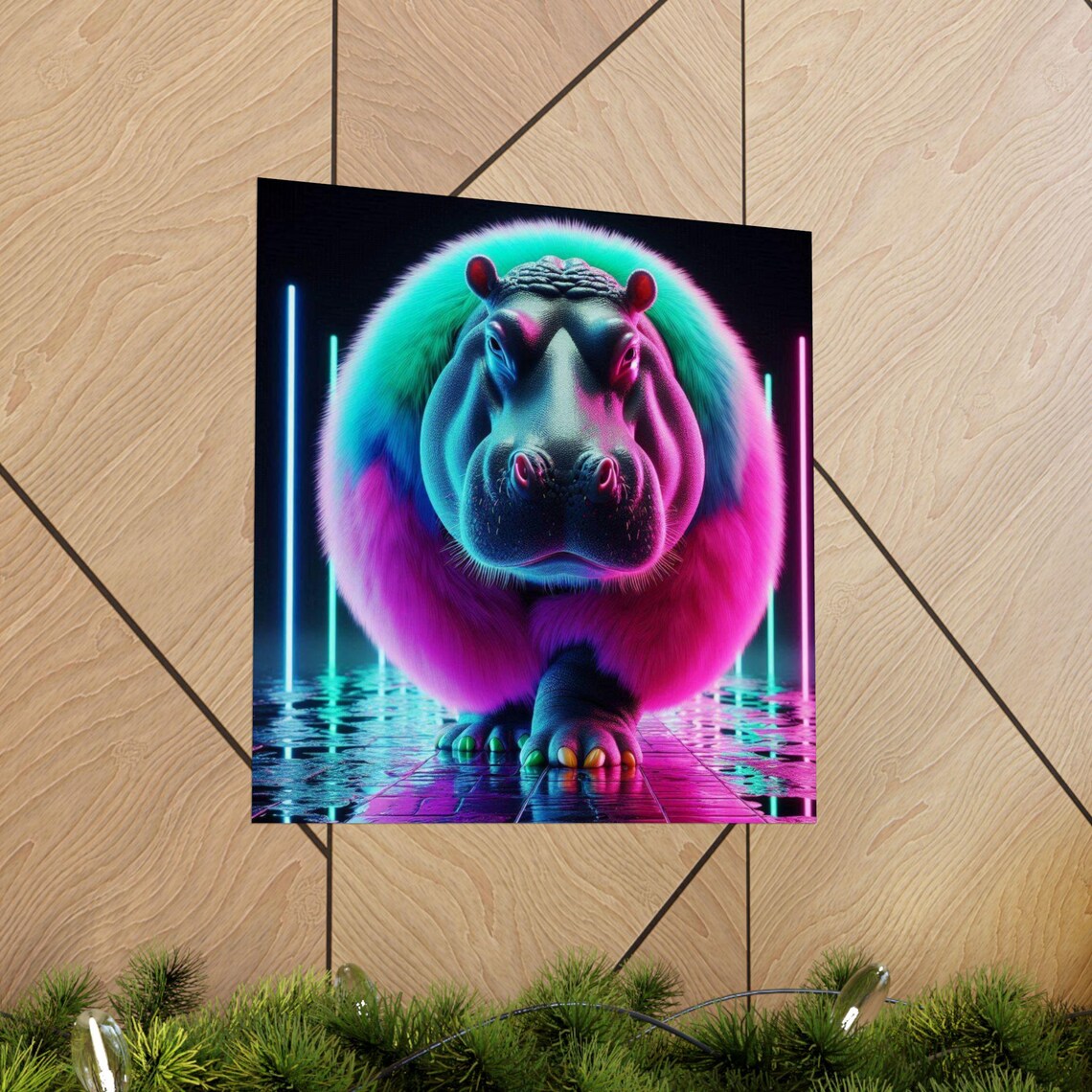 Neon Fluffy Hippo in Cyberpunk Street Style Funny Animal Art Poster - Image 5