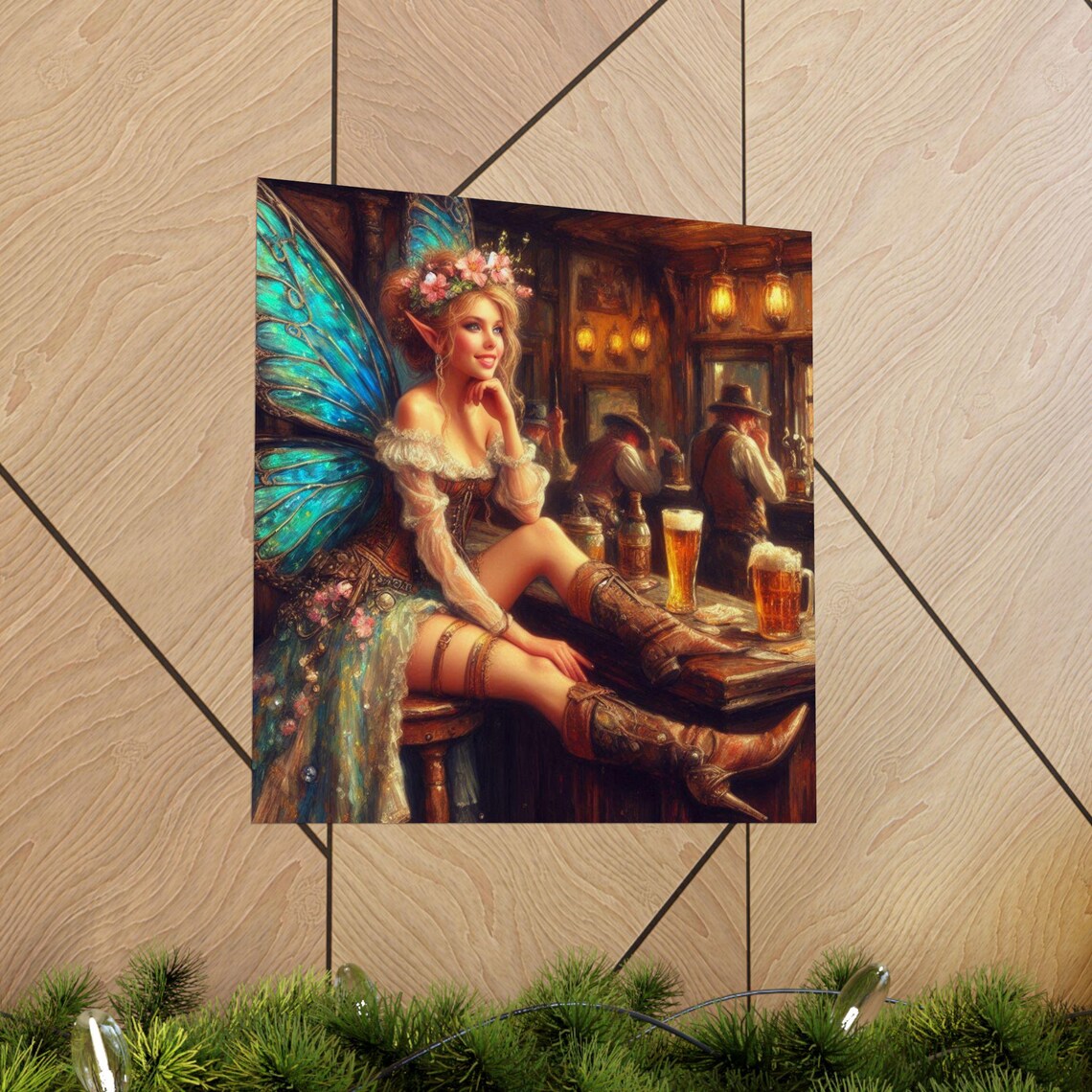 Fairy in a Western Saloon Bar with Boots and Beer Mugs Poster