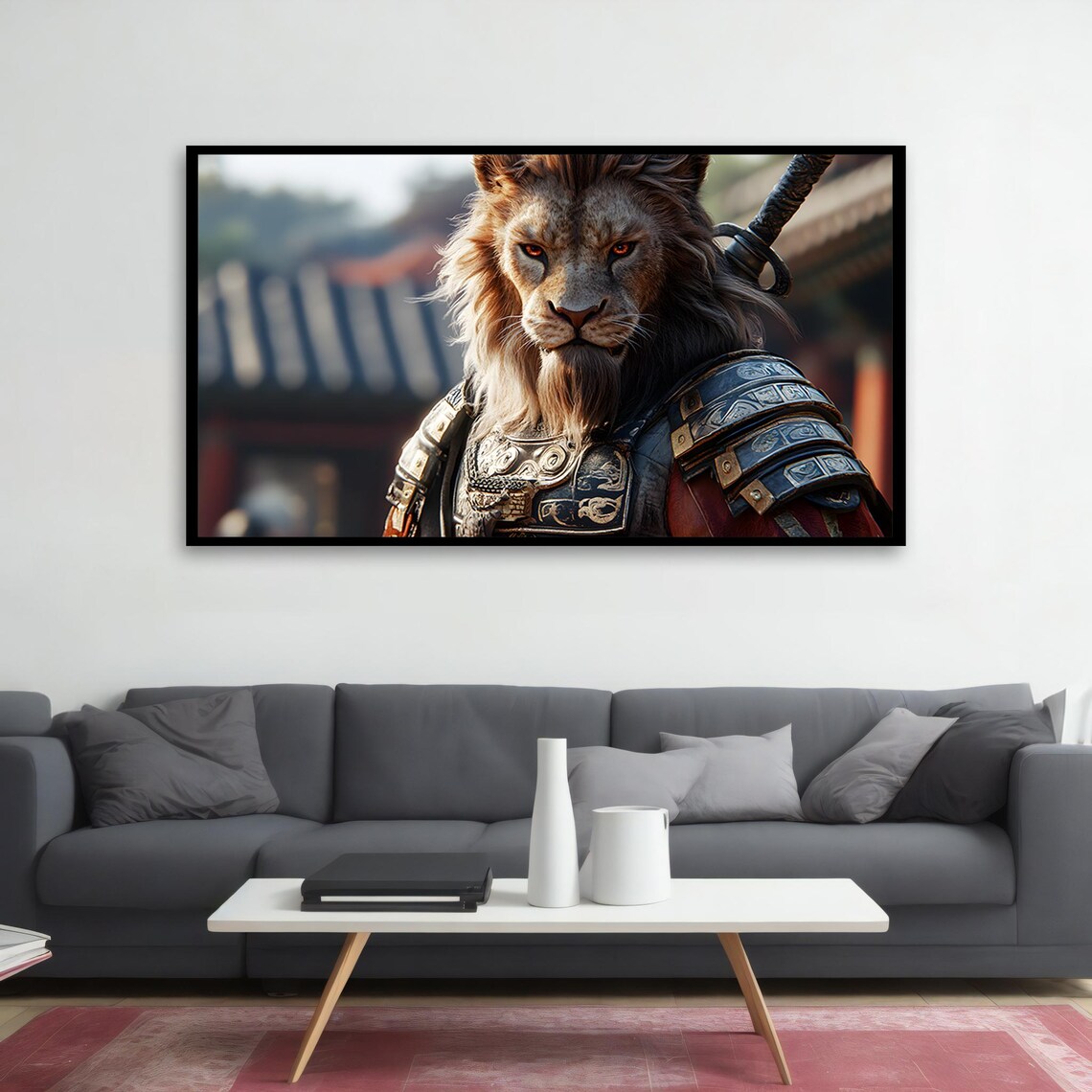 Samurai Lion Warrior in Armor Katana Fantasy Animal Portrait Wall Art Poster - Image 2