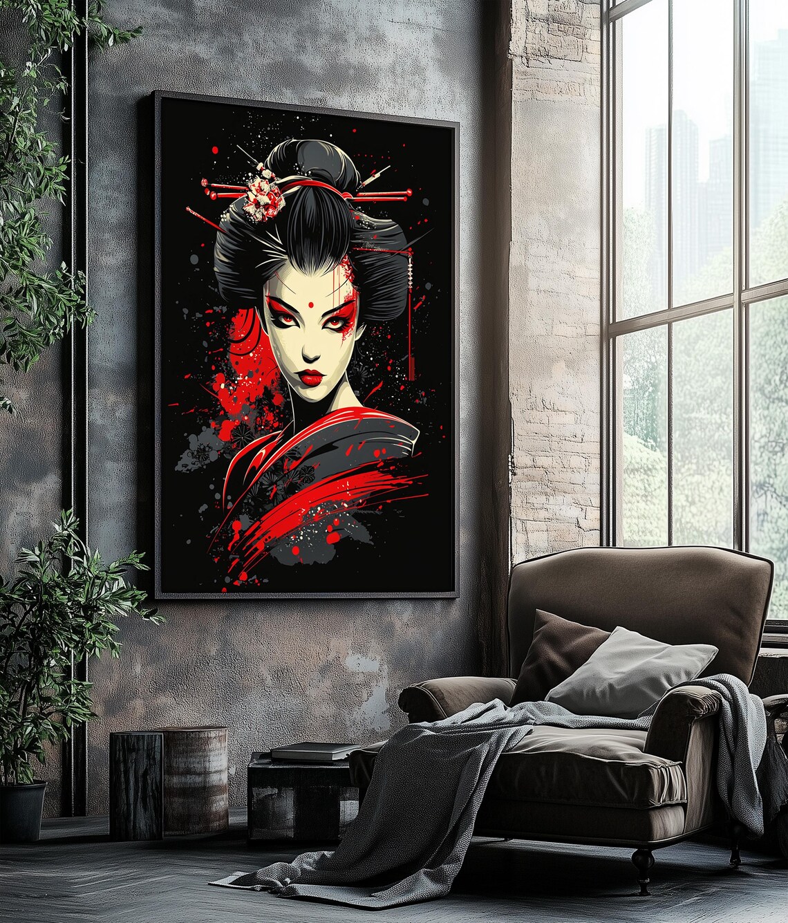 Japanese Geisha Red Black Pop Art Splash Warrior Woman Wall Art Poster