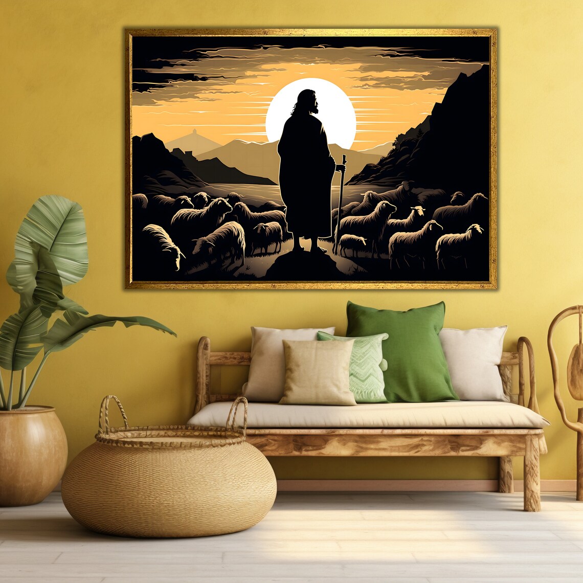 Jesus Good Shepherd Lambs Golden Sunset Silhouette Christian Art Poster - Image 3