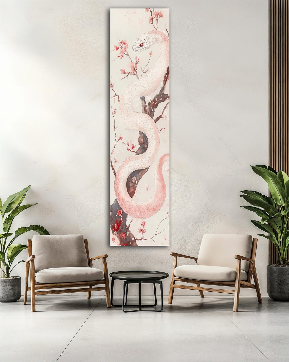 White Snake Cherry Blossom Japanese Style Vertical Wall Art Poster - Image 2