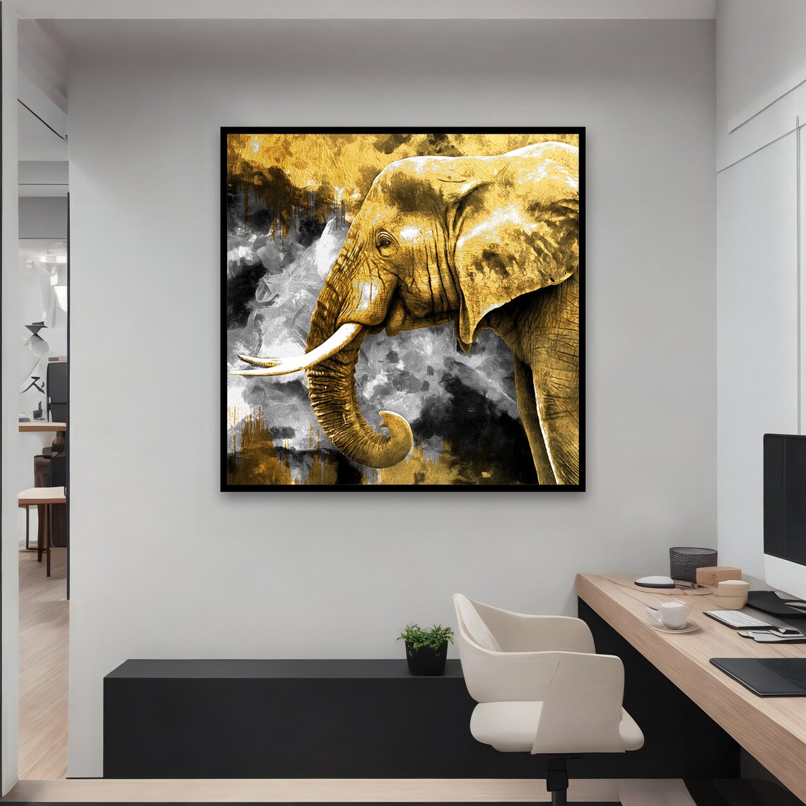 Majestic Golden Elephant Portrait Luxury Wildlife Painting Large Wall Poster - Image 3