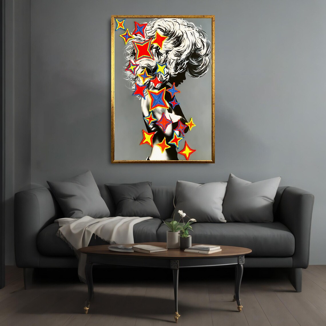 Pop Art Woman Silhouette With Colorful Stars Retro Modern Wall Art - Image 4