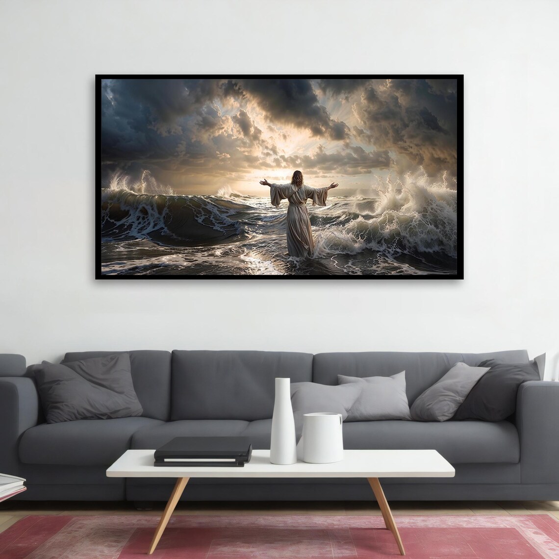 Jesus Walking On Water Ocean Waves Dramatic Christian Art Print - Image 2