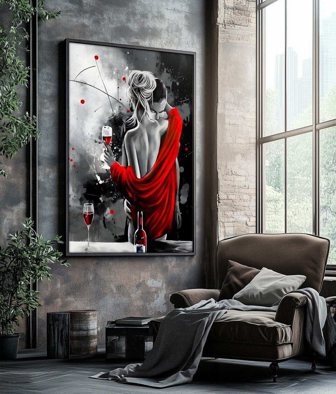 Romantic Wine Couple Red Shawl Black White Embrace Art Poster