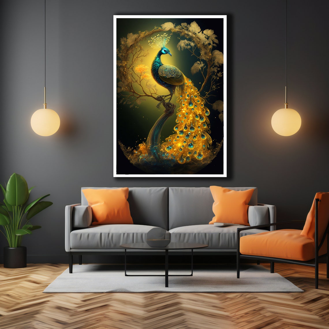 Golden Peacock Perched Under Floral Wreath Dark Glam Art Poster - Image 3