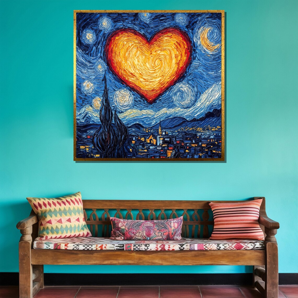 Starry Night Style Heart Over Village Impasto Swirl Painting Art Poster - Image 4