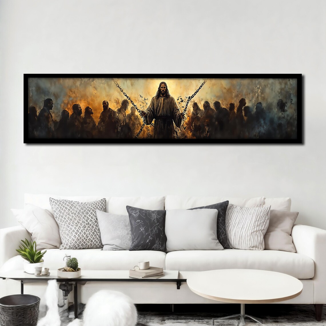 Jesus Breaking Chains Golden Light Panoramic Religious Redemption Poster - Image 3