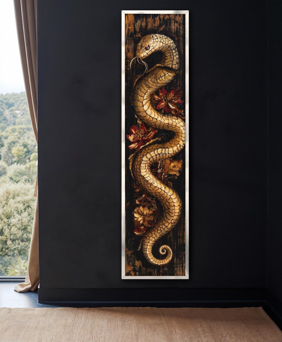 Golden Snake Print Long Thin Wall Art Snake Vertical Wall Art Unique Home Decor For Nature Lovers And Gift Enthusiasts - Image 4