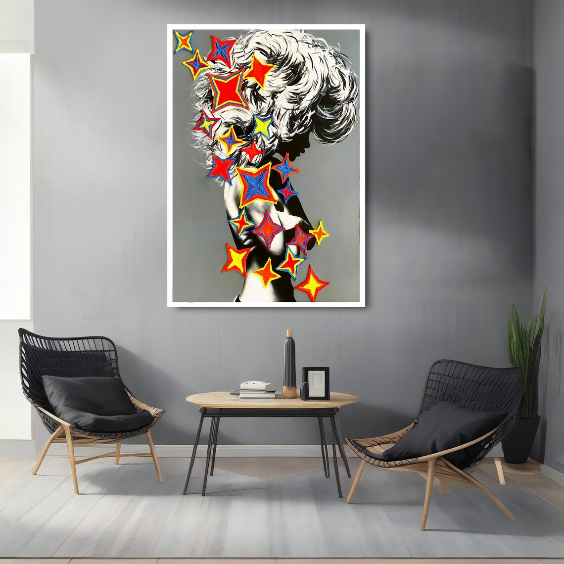 Pop Art Woman Silhouette With Colorful Stars Retro Modern Wall Art - Image 2