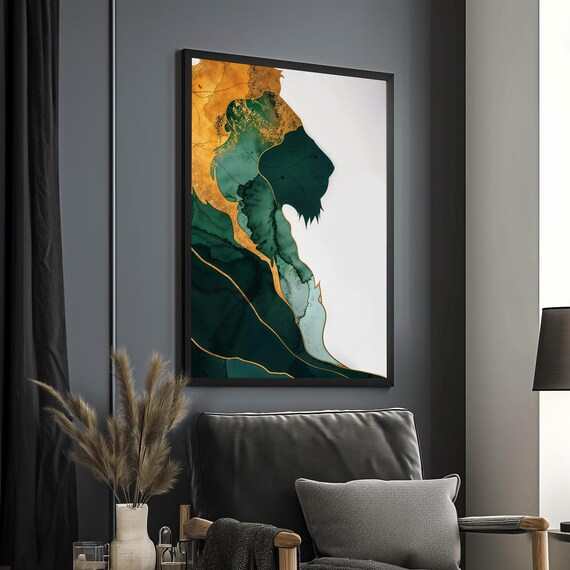 Lion Silhouette Green Gold Marble Ink Abstract Wildlife Poster