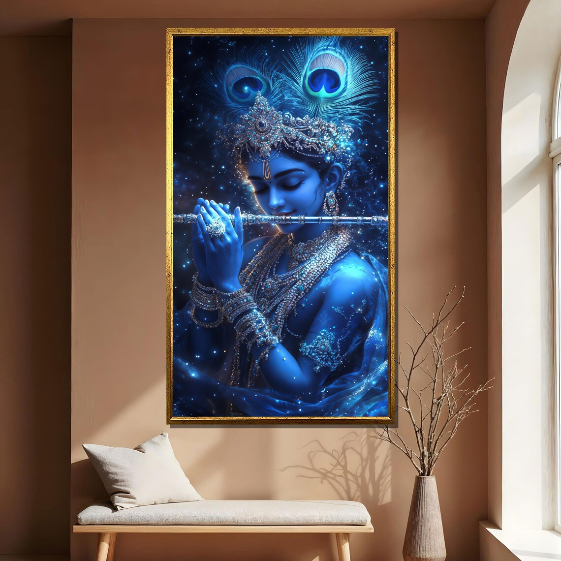 Lord Krishna Playing Flute Cosmic Night Peacock Feather Art Print - Image 4