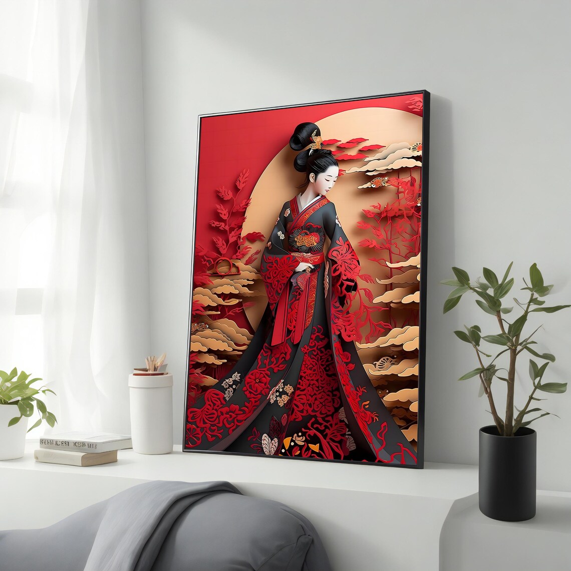 Japanese Geisha Red Kimono Paper Cut Style Illustration Art Poster