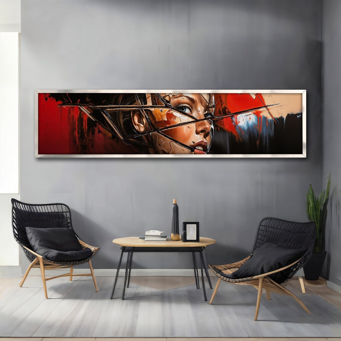 Shattered Glass Woman Portrait Red Black Panoramic Art Poster - Image 4