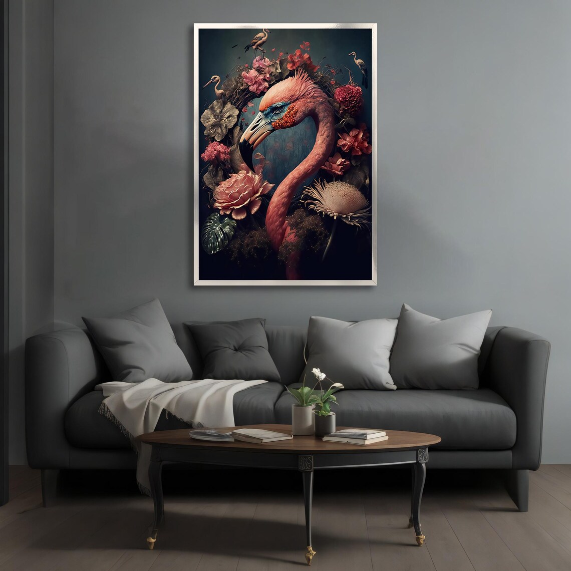 Pink Flamingo Flowers Dark Moody Tropical Floral Bird Art Poster - Image 3