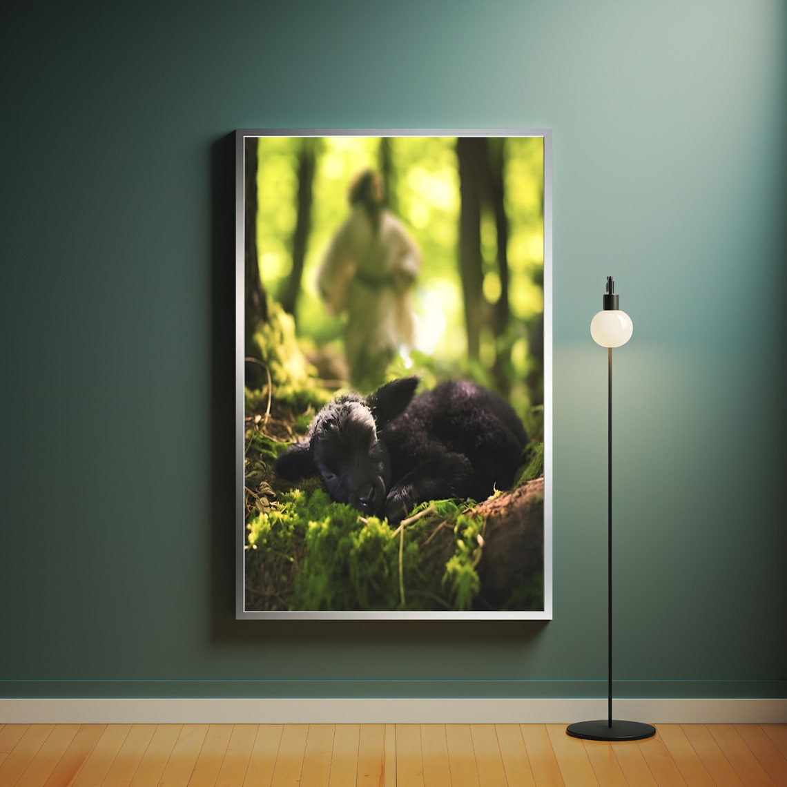 Lost Lamb and Jesus in Sunlit Forest Christian Shepherd Art Print - Image 4