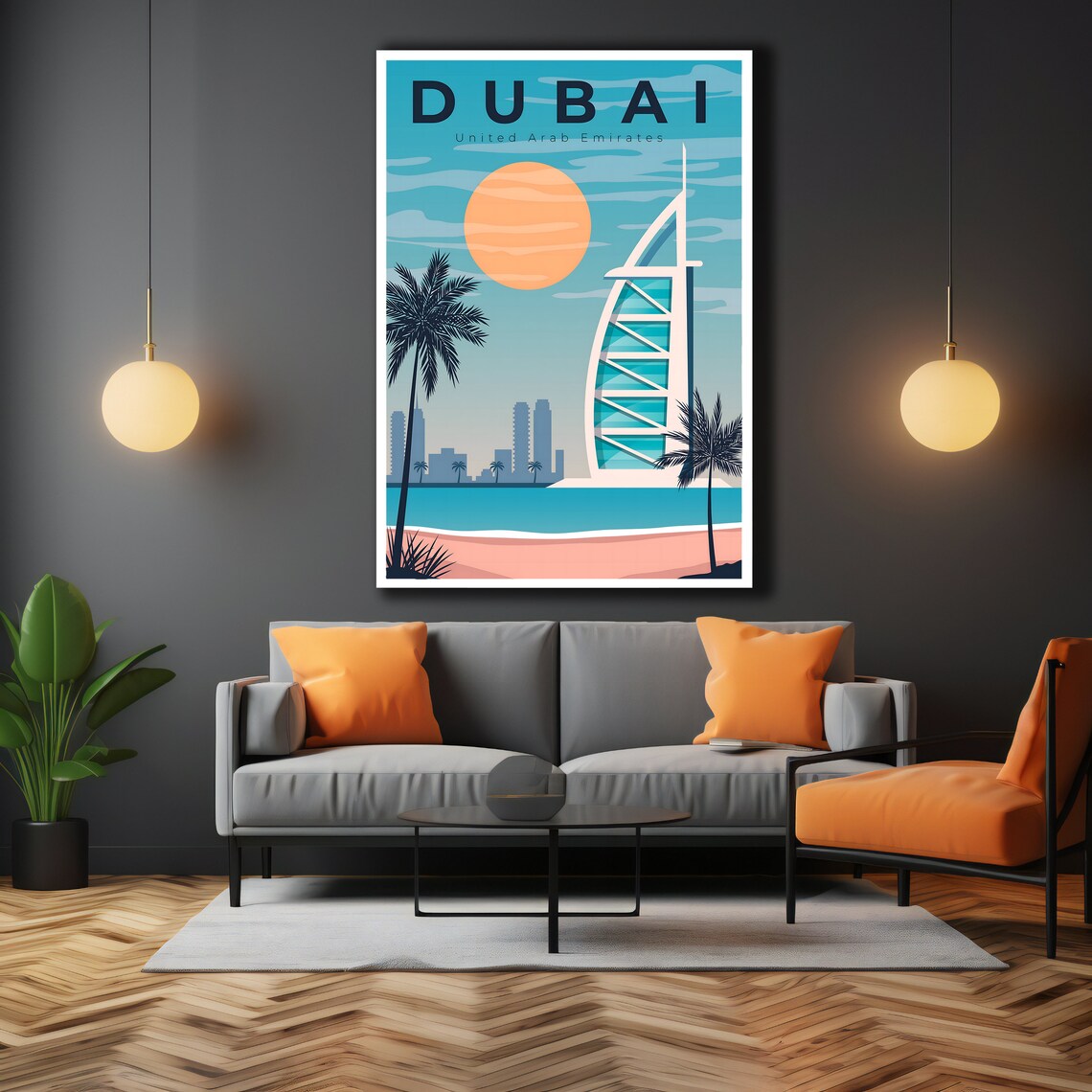 Dubai UAE Burj Al Arab Beach Palm Trees Retro Sunset Travel Poster - Image 3