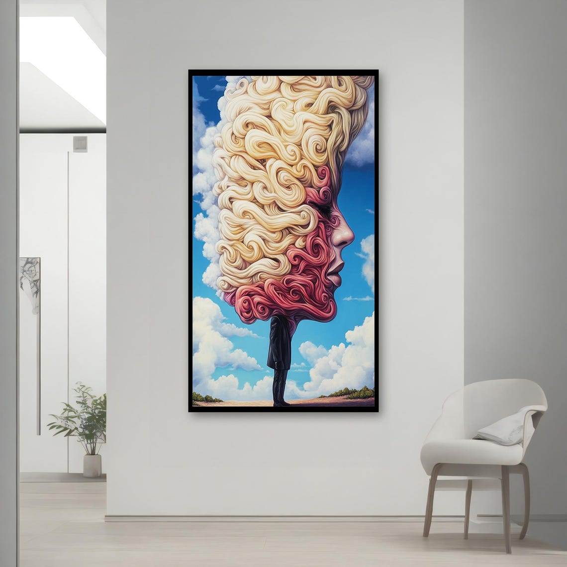 Surreal Portrait Art Whimsical Face Clouds Painting Unique Wall Decor Dreamlike Artwork Ready To Hang Modern Home Decor - Image 2