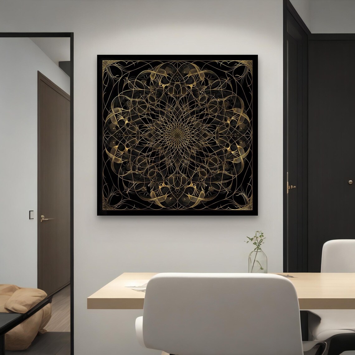 Luxury Gold Line Geometric Mandala Black Background Elegant Boho Wall Poster - Image 4