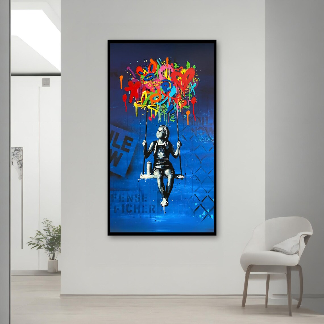 Girl On Swing With Colorful Graffiti Balloons Urban Street Art Blue Poster - Image 2