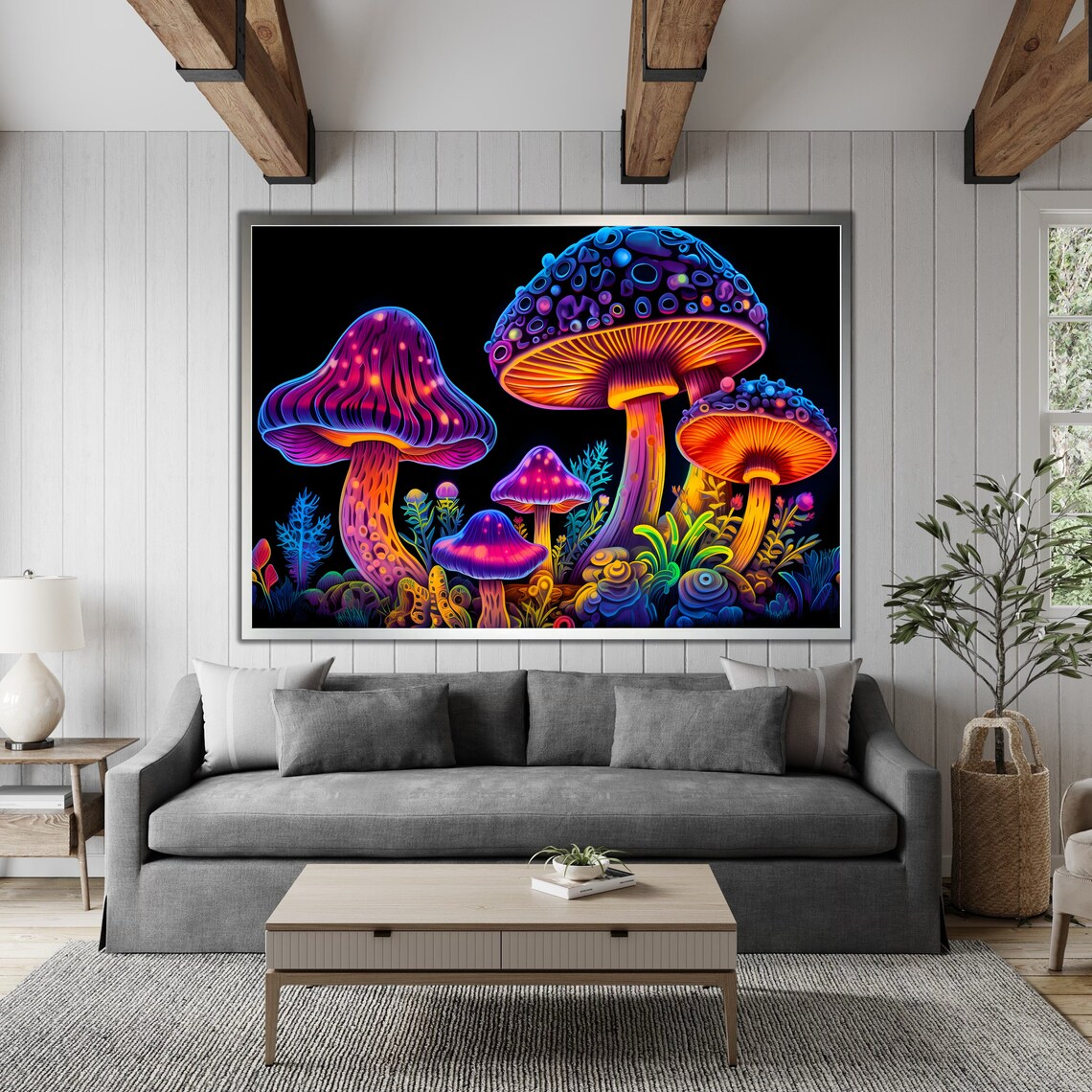 Neon Glow Mushrooms Art Print, Modern Decor - Image 4