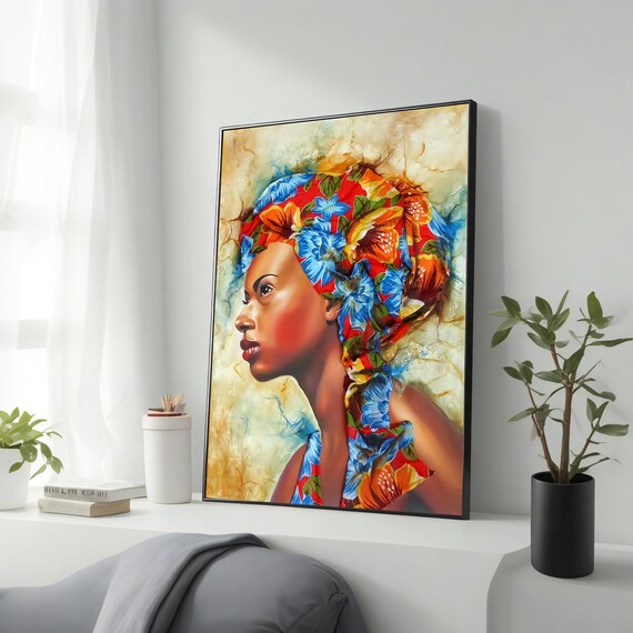 African Woman in Colorful Floral Headwrap Profile Portrait Wall Art